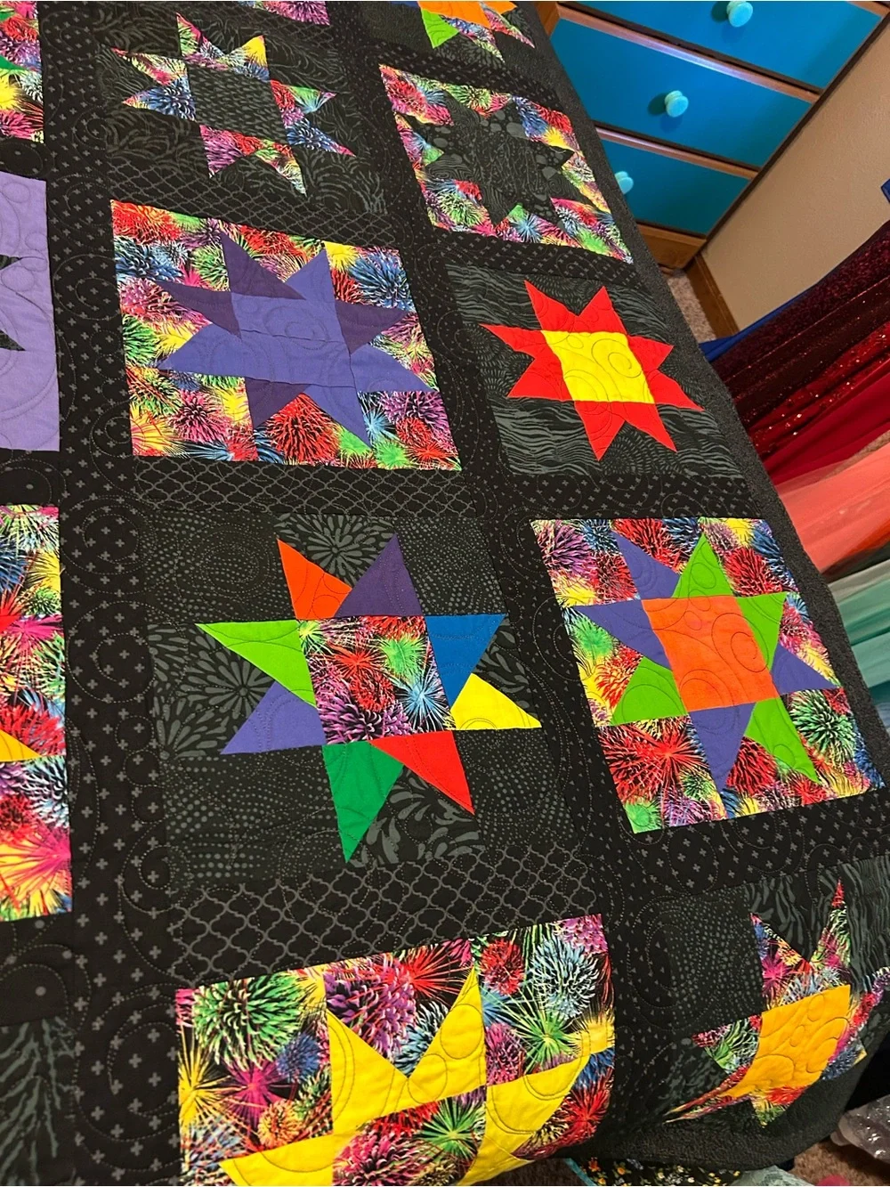ONE OF A KIND - HANDCRAFTED Black Patchwork Star Quilt with Multicolor Accents